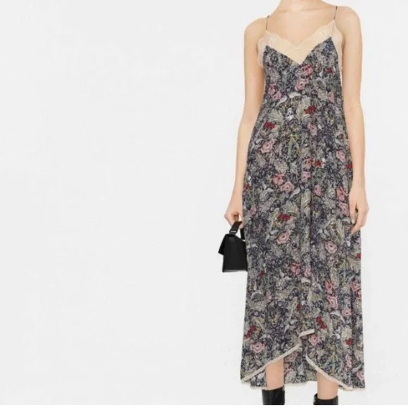 Zadig & Voltaire Rivali Lace Floral Slip Midi Dress Navy Blue Skulls Small NWOT - Picture 2 of 10
